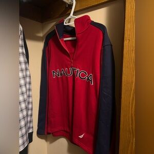 Nautica quarter zip up. Red with navy blue sleeves. Size small, unisex